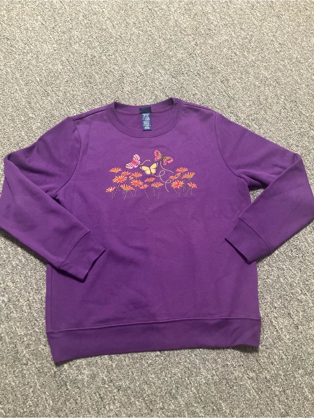 Basic Editions Purple Crewneck Sweatshirt with Butterfly & Floral Motif